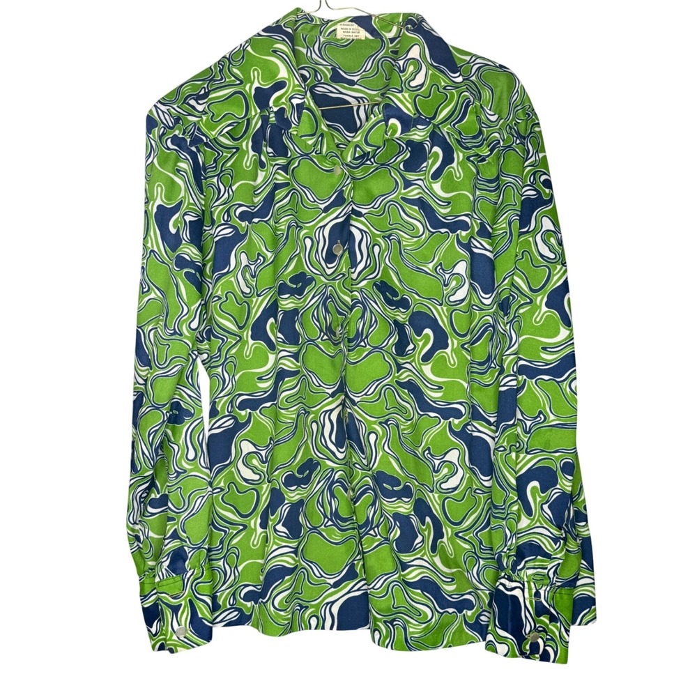 Vintage Joyce Lane Psychedelic Swirl Blouse Green Navy Blue 70s Mod Top